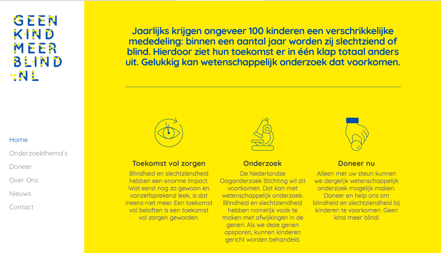 Plaatje van de website van de act 'Geen kind meer blind'