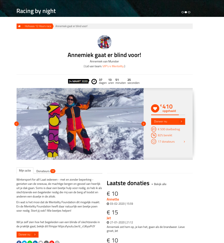 Overzicht van Mentelity pagina waarop Annemiek geld inzamelt