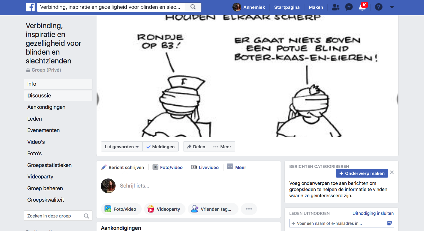 Afbeelding van de Facebookgroep Verbinding, inspiratie en gezelligheid voor blinden en slechtzienden