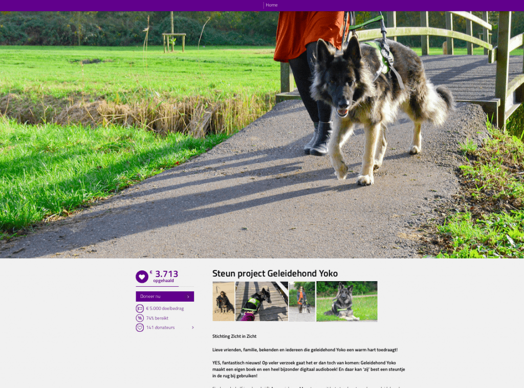 Afbeelding van de donatiepagina van project Geleidehond Yoko